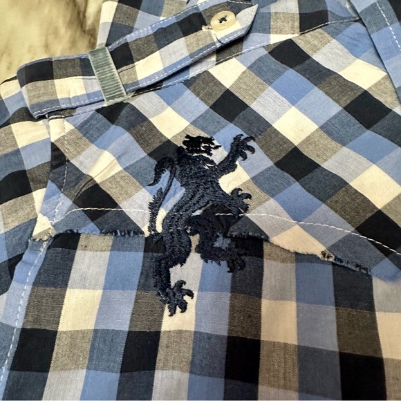 English Army People’s Army Blue Check Button Down Mens Shirt Sz L Hand Stitched - Picture 9 of 13